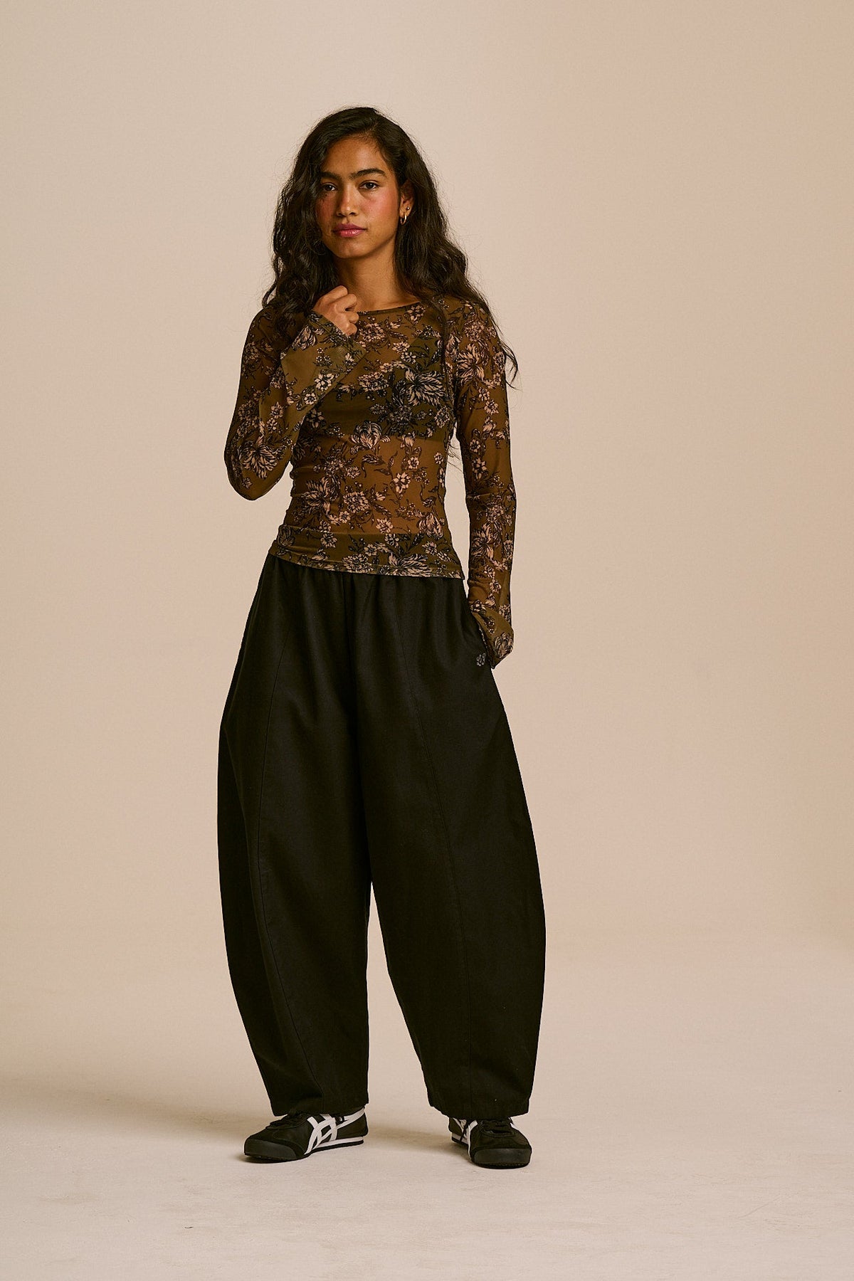 Zoe Slash Neck Top - Recycled Polyester Mesh in Green Floral