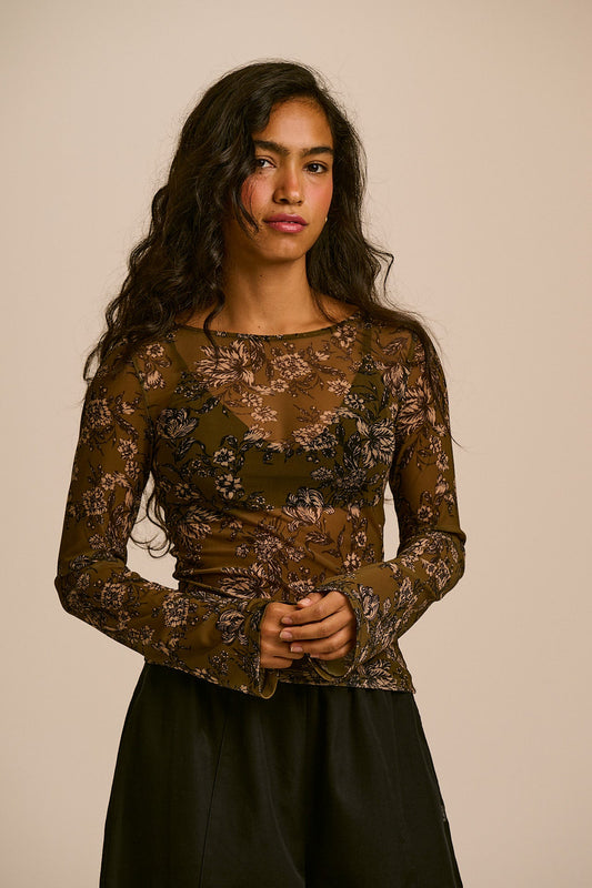 Zoe Slash Neck Top - Recycled Polyester Mesh in Green Floral
