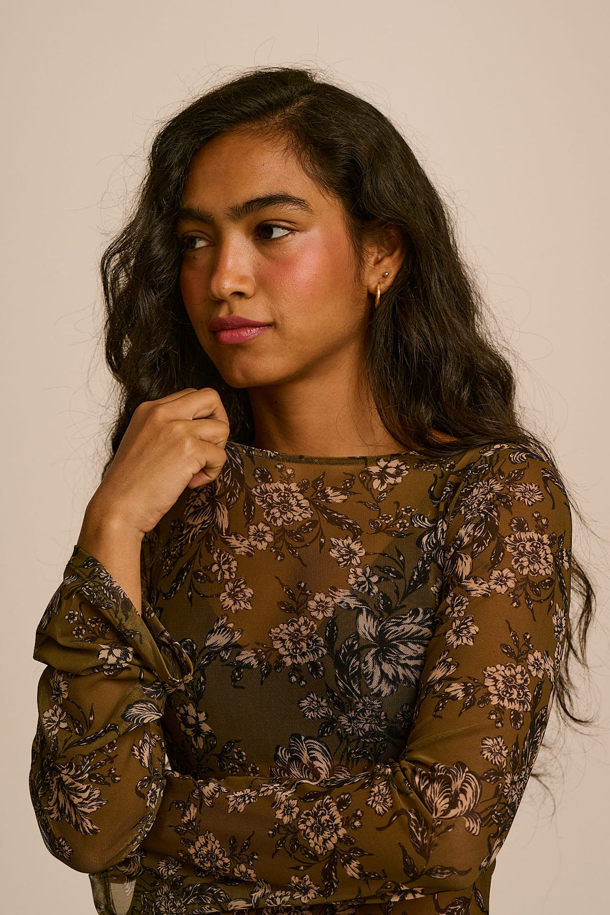 Zoe Slash Neck Top - Recycled Polyester Mesh in Green Floral