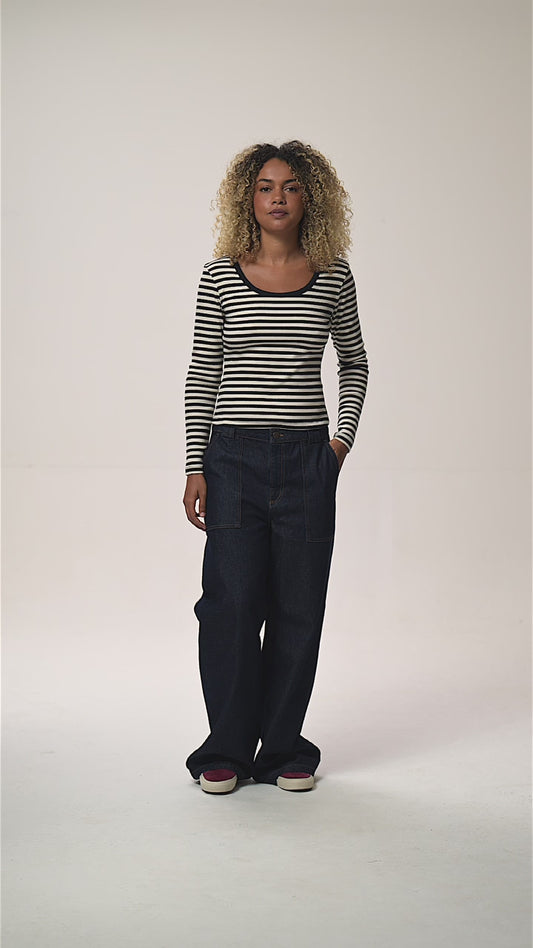 Remy - Ribbed Cotton Scoop Neck Long Sleeve T-Shirt in Black & White Stripe
